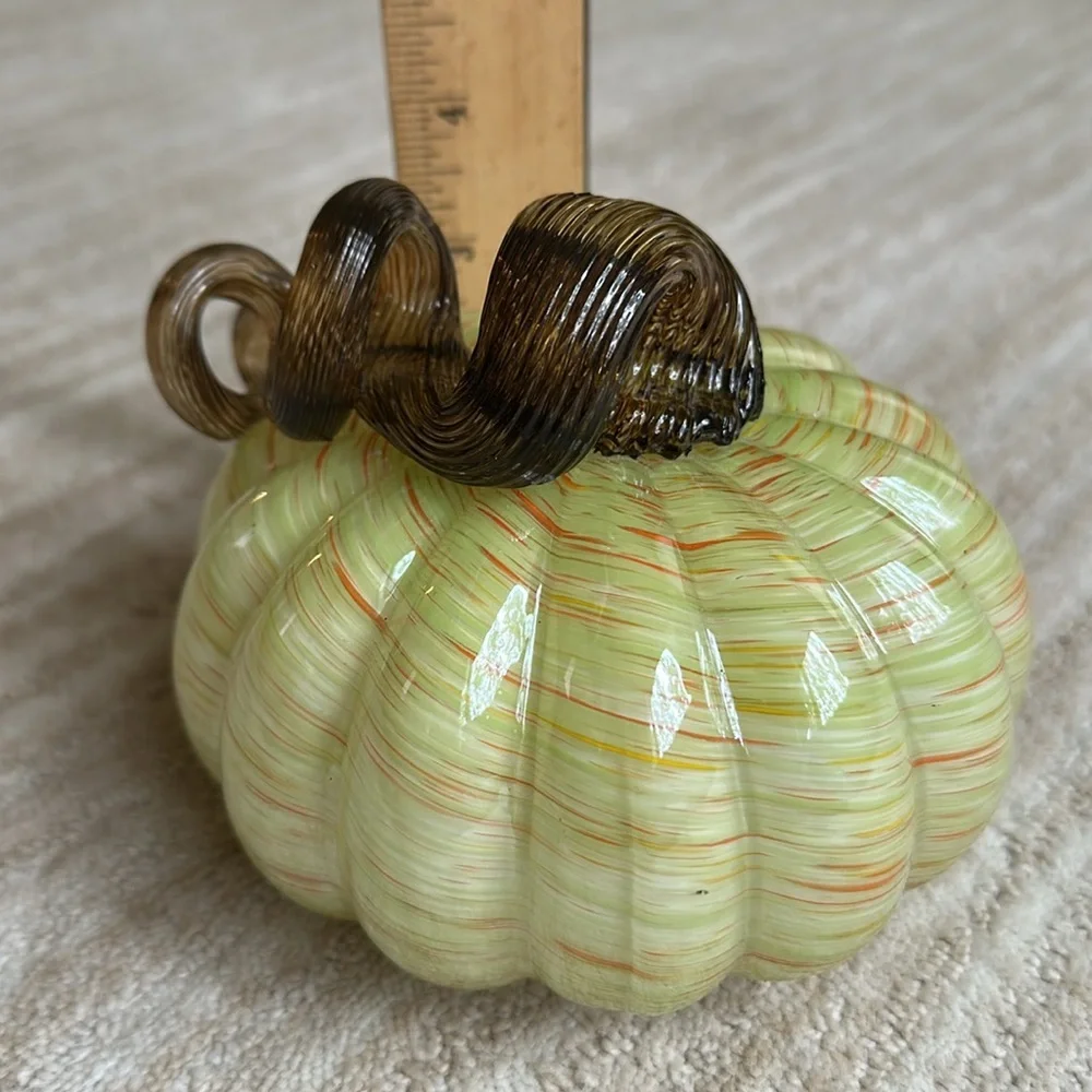 Hand Blown Art Glass Pumpkin Green Orange Flecks Twisted Reeded Clear Stem 5”x4”